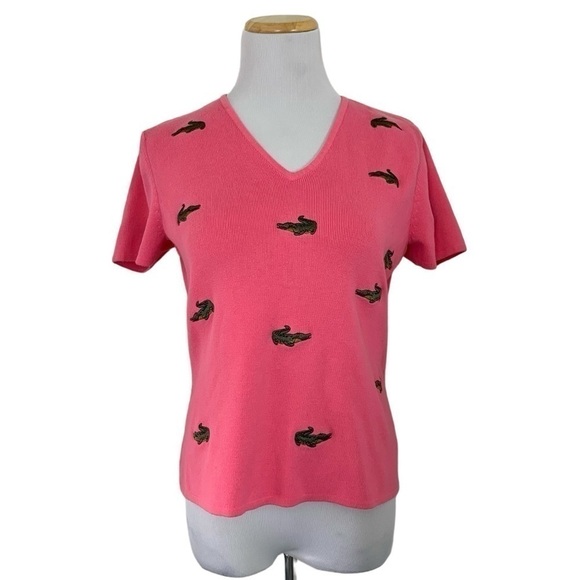 Alexandra Bartlett Alligator Pink Knit Top Womens L Crocodile Novelty Shirt - Picture 1 of 15